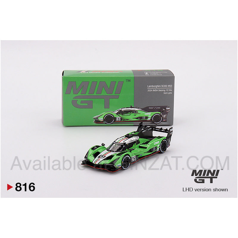 Lamborghini SC63 #63 Iron Lynx 2024 IMSA Sebring 12 Hrs, Mini GT No. 816 diecast model car