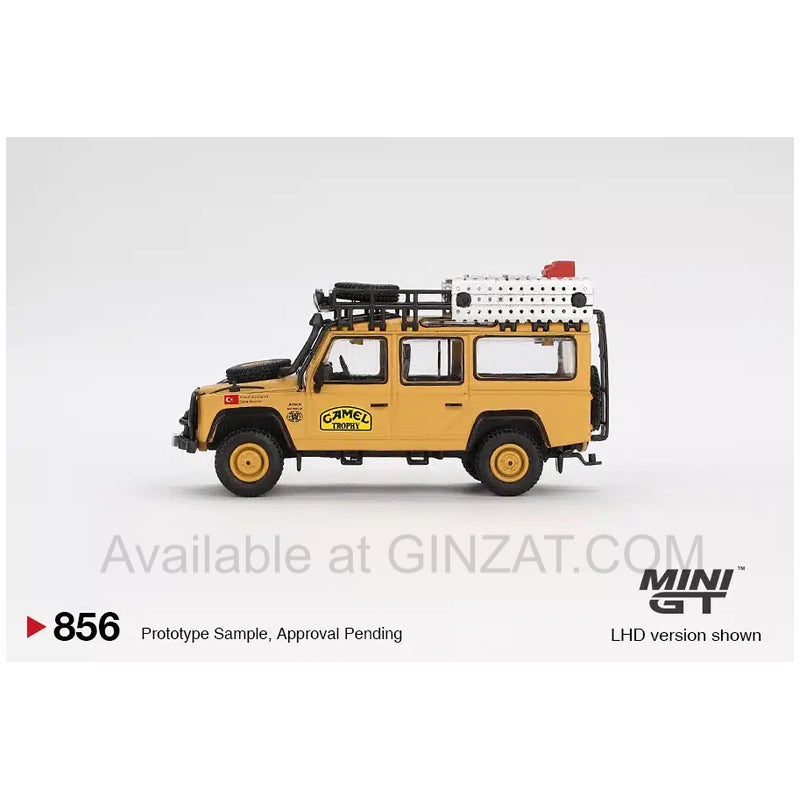 Land Rover Defender 110 1989 Camel Trophy Amazon Team Turkey Turkey Exclusive (Blisted Pack), Mini GT No. 856 diecast model car