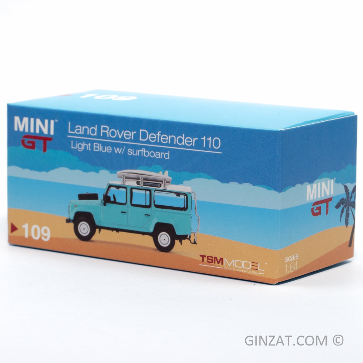 LAND ROVER Defender 110 Light Blue w/ Surfboard, MINI GT No.109 diecast model car 1/64