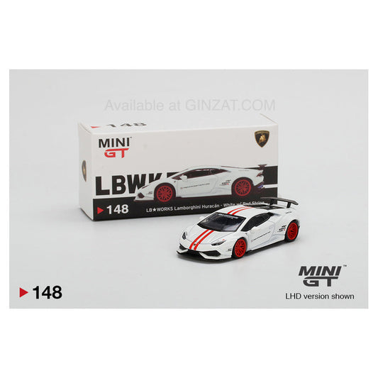 LB Works Lamborghini Huracan Version 1 White / Red Stripe, Mini GT No. 148 diecast model car
