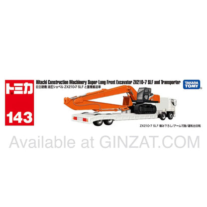 Hitachi Construction Machinery Hydraulic Excavator ZX210-7 SLF and Heavy Machinery Transporter, Tomica No.143 diecast model car