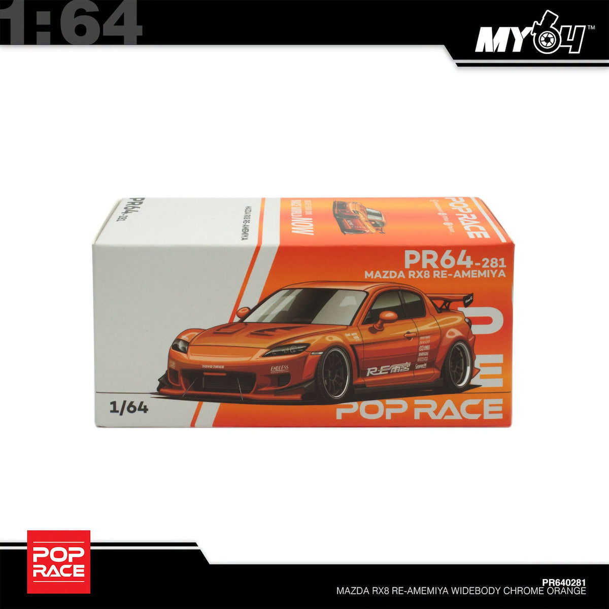 POP Race 1/64 Mazda RX-8 Re-Amemiya Widebody Chrome Orange PR640281