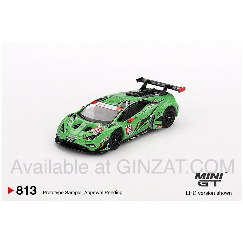 Lamborghini Huracan GT3 EVO2 #63 IMSA 2023 Daytona 24 hrs Iron Lyn, MINI GT No.813 diecast model car