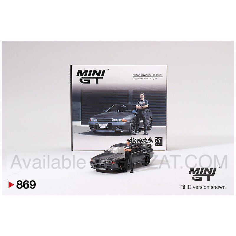 Nissan Skyline GT-R (R32) Gunmetal  W/ Matsuda Figure Tsugio Matsuda Collection, Mini GT no. 869 diecast model car