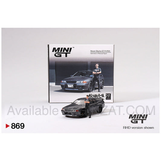 Nissan Skyline GT-R (R32) Gunmetal  W/ Matsuda Figure Tsugio Matsuda Collection, Mini GT no. 869 diecast model car