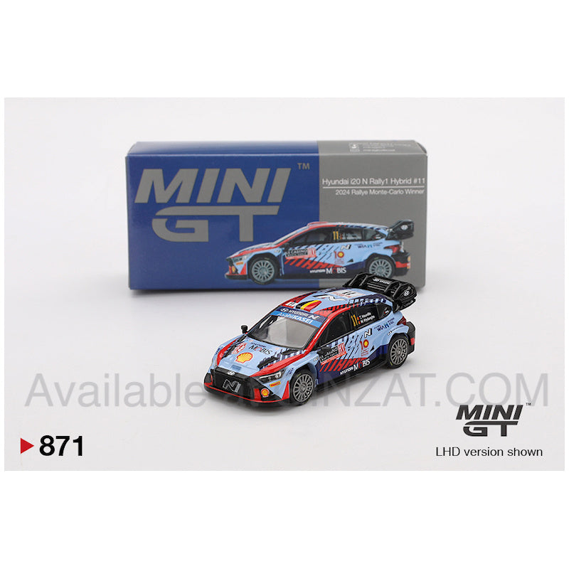 Hyundai i20 N Rally1 Hybrid #11 2024 Rallye Monte-Carlo Winner, MINI GT No.871 diecast model car