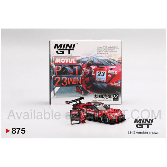 Nissan GT-R NISMO #23 "MOTUL AUTECH GT-R 2021" SUPER GT SERIES Suzuka Winner w/ Matsuda Figure, Mini GT No. 875 diecast model car