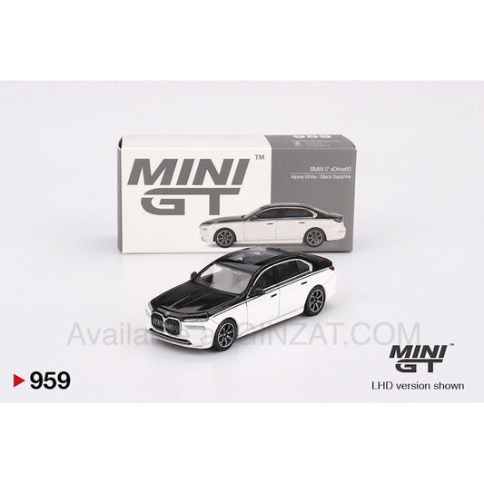 BMW i7 xDrive60 Alpine White / Black Sapphire, Mini GT No. 959 diecast model car