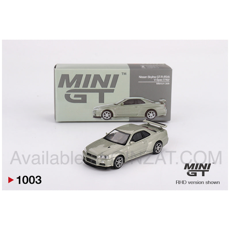 Nissan Skyline GT-R (R34) V-Spec II Nür Millenium Jade, Mini GT No. 1003 diecast model car