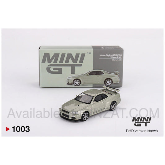 Nissan Skyline GT-R (R34) V-Spec II Nür Millenium Jade, Mini GT No. 1003 diecast model car