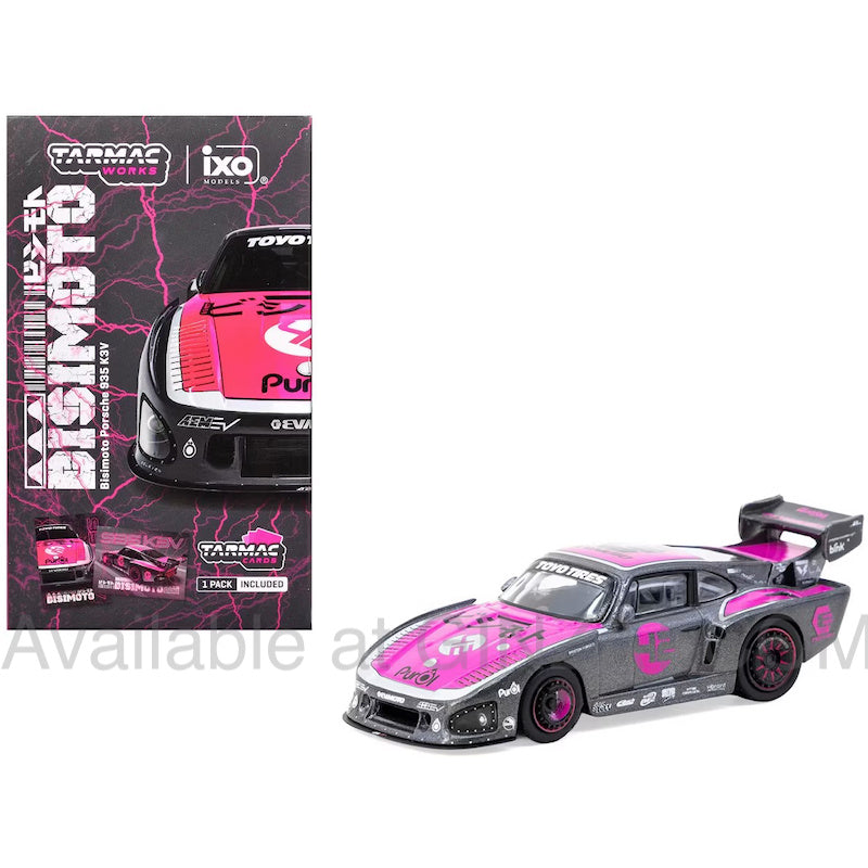 Bisimoto Porsche 935 K3V Bisimoto Gray Metallic / Pink with 1 Pack Tarmac Cards included, Tarmac Works x ixo diecast model car