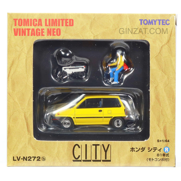 Honda City 84 Yellow with Honda Motocompo & figure, Tomica Limited Vintage Neo diecast model set LV-N272b