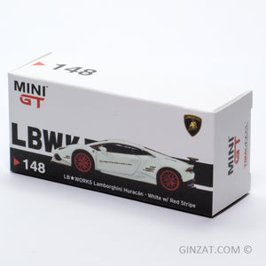LAMBORGHINI Huracan - White w/ Red Stripe, MINI GT 148 diecast model 1/64